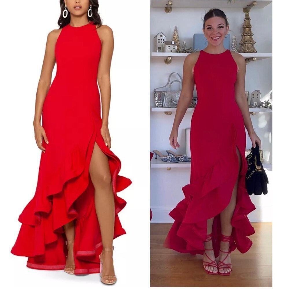 BETSY & ADAM Arielle Ruffle Halter Crepe Gown in Red Size US 14P